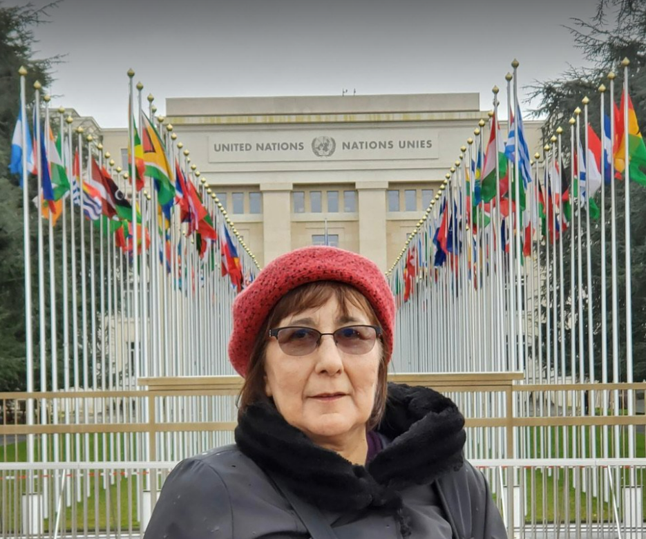 Evelyn Korkmaz, a founding member of the group Ending Clergy Abuse, represents residential school survivors at United Nations meeting in Geneva on Feb. 18, 2020.