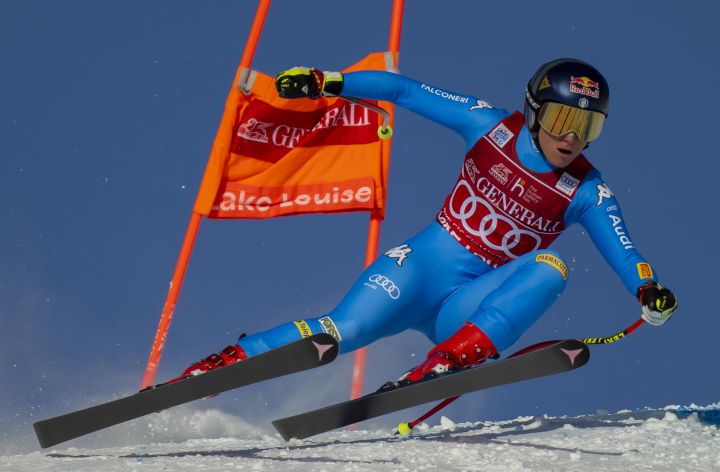 Sofia Goggia of Italy blasts down the course on her way to winning the Women’s World Cup downhill ski race in Lake Louise, Alta., Friday, Dec. 3, 2021. 