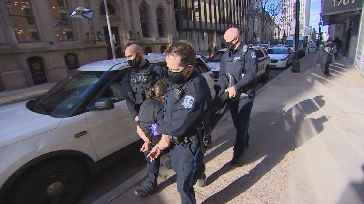 Three Halifax Regional Police officers are seen removing a protester on Nov. 24, 2020 after a sit-in was organized at the Nova Scotia Lands and Forestry office.