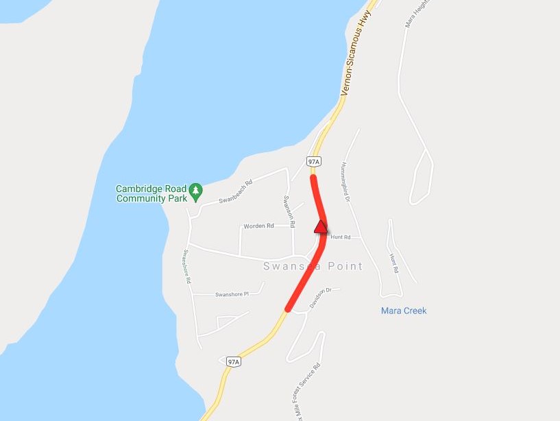 According to DriveBC, the closure is between Davidson Drive and the Mara Lake rest area, approximately 4-5 kilometres south of Sicamous.