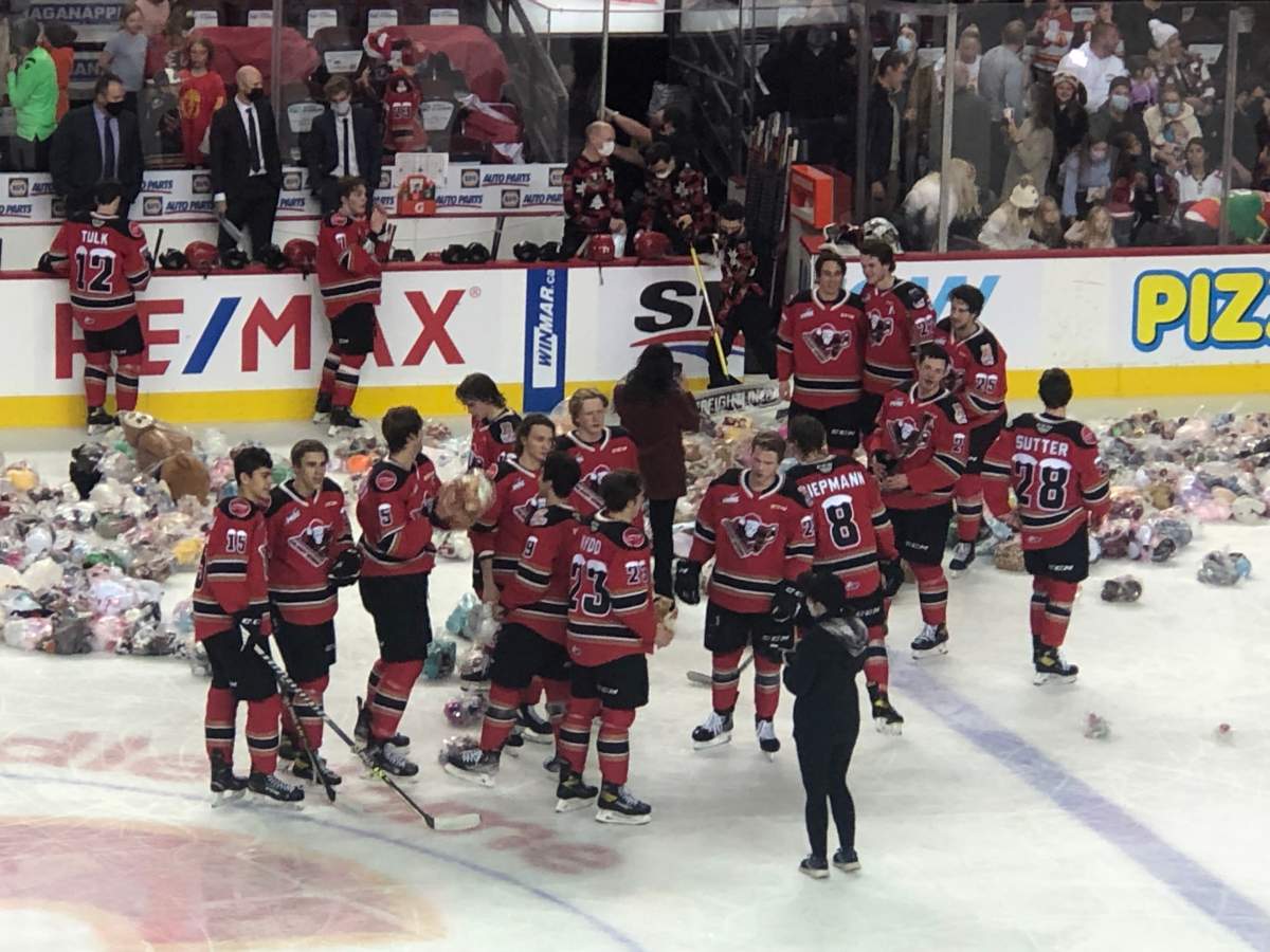 Stuffies hit the Saddledome's ice at the Calgary Hitmen game against the Lethbridge Hurricanes on Saturday, Dec 4, 2021.