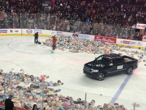 Stuffies hit the Saddledome’s ice at the Calgary Hitmen game against the Lethbridge Hurricanes on Saturday, Dec 4, 2021.