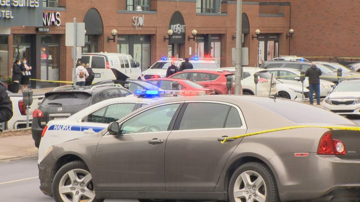 Halifax Regional Police are seen outside of a business on Brunswick Street after a weapons call was reported.