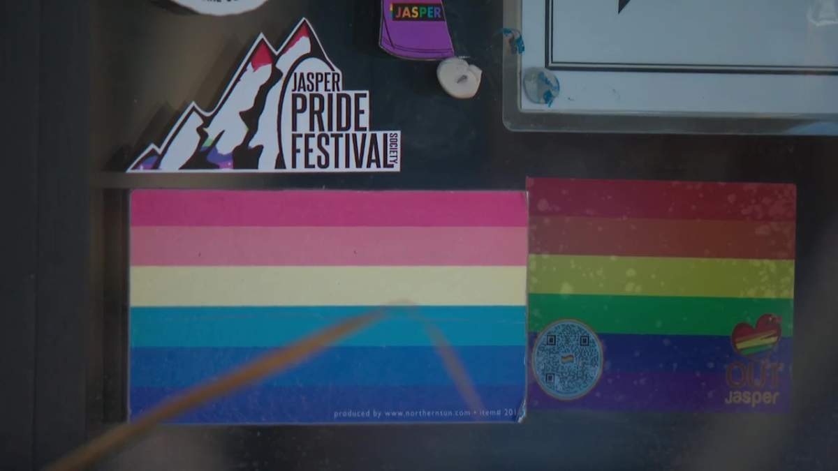 A Pride flag sticker in Jasper, Alta. in December 2021.