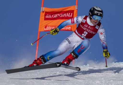 Breezy Johnson of the USA blasts down the course on the way to second place in the Women’s World Cup downhill ski race in Lake Louise, Alta., Friday, Dec. 3, 2021.