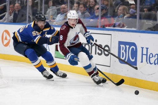 Colorado Avalanche’s Cale Makar (8) and St. Louis Blues’ Colton Parayko (55) chase after a loose puck along the boards during the second period of an NHL hockey game Thursday, Oct. 28, 2021, in St. Louis.