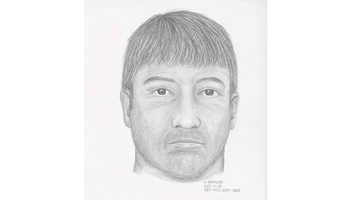 A sketch of the unidentified man, whose remains were found near Merritt in late September 2019. The man is described as being around six feet two inches tall and 220 pounds.