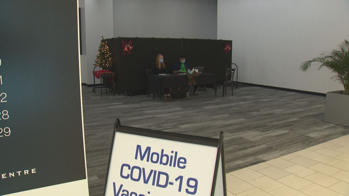 A pop-up vaccination clinic in Calgary's Southcentre Mall is pictured on Dec. 14, 2021.