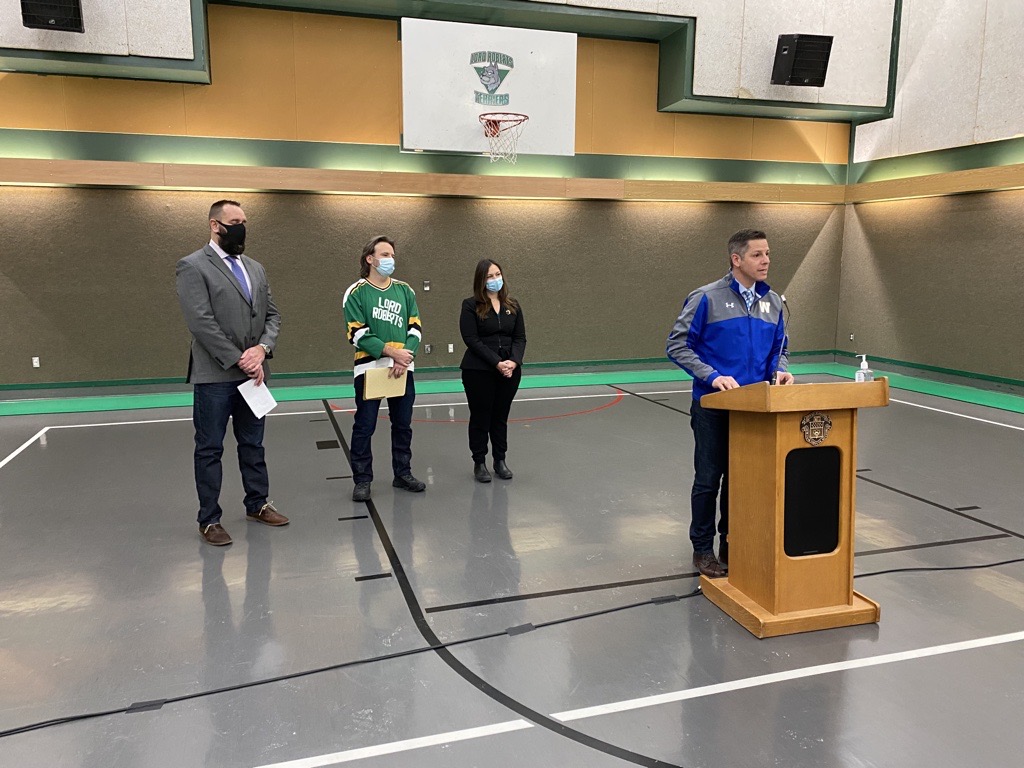 Winnipeg Mayor Brian Bowman announces funding at Lord Roberts Community Centre Thursday morning.