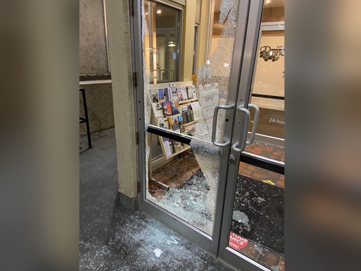 One of city hall’s two front doors was smashed on Friday night. Police determined no entry into city hall was made.