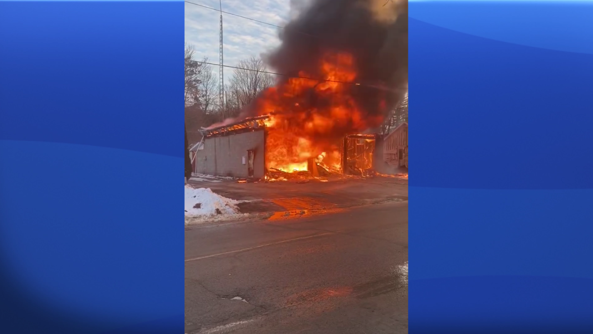 Video captures the Portland, Ont., fire hall up in flames. 