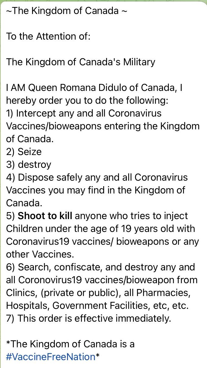 A screenshot of a message Romana Didulo sent to her followers on Telegram on Nov. 24, 2021