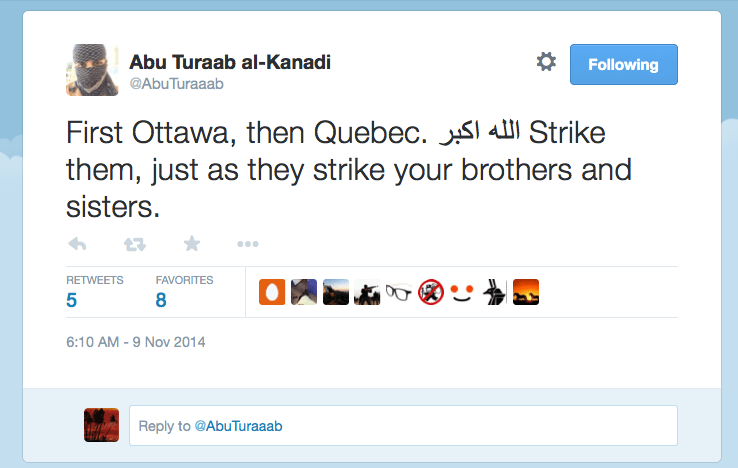 A Twitter post calling for terrorist attacks in Canada. The RCMP has linked the account to Canadian Muhammad Ali.