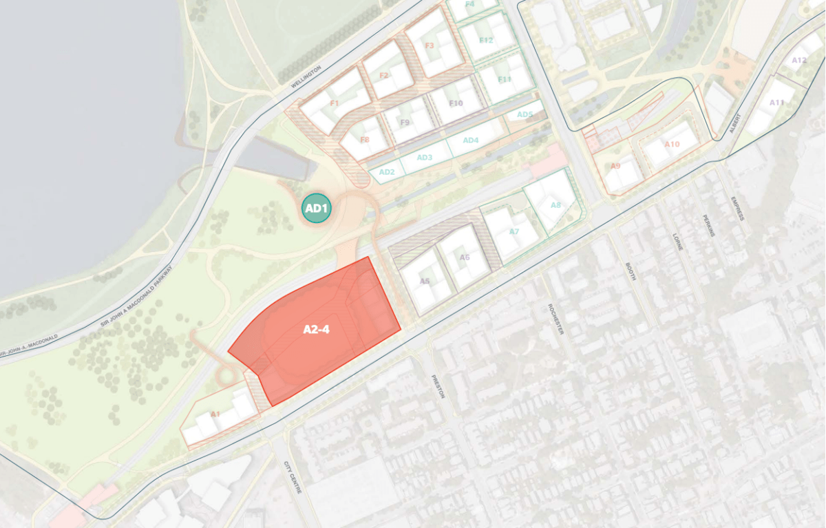 A map of the parcels up for development at LeBreton Flats shows two key sites for possible attractions.