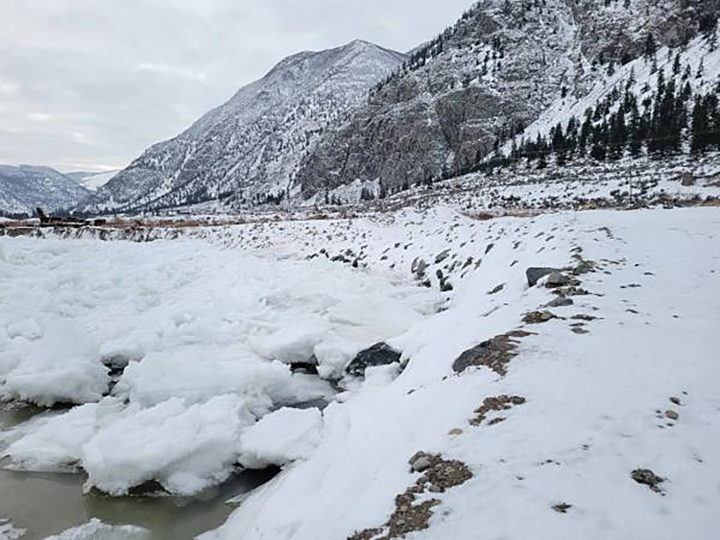 A photo showing ice along the Similkameen River in B.C.’s Southern Interior, near Keremeos, on Tuesday, Dec. 28, 2021.