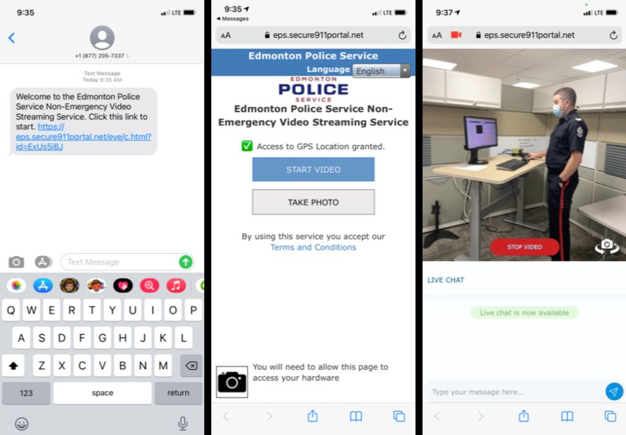 Screenshots of the 911eye remote video call technology being used by the Edmonton Police Service.