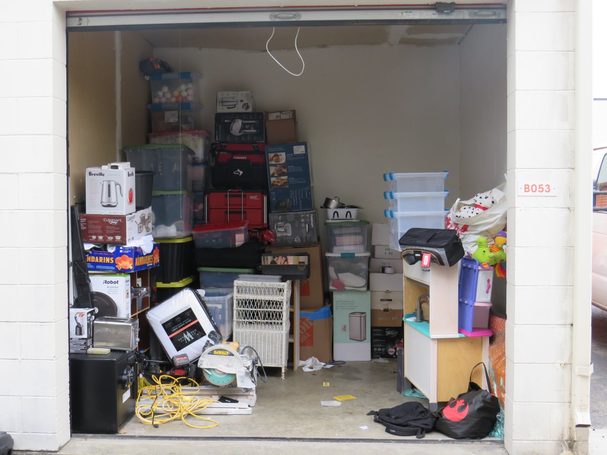 Surrey RCMP have charged two men with a combined 70 offences after a theft spree spanning multiple properties in Metro Vancouver. Some of the stolen items are pictured in this storage locker. 