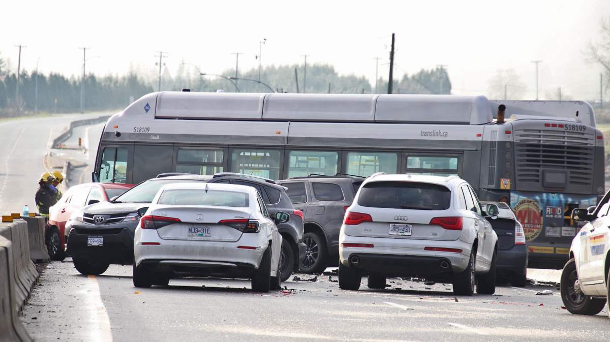 Seven people were sent to the hospital on Dec. 5, 2021 after a multiple vehicle collision involving a public bus in Surrey, B.C.
