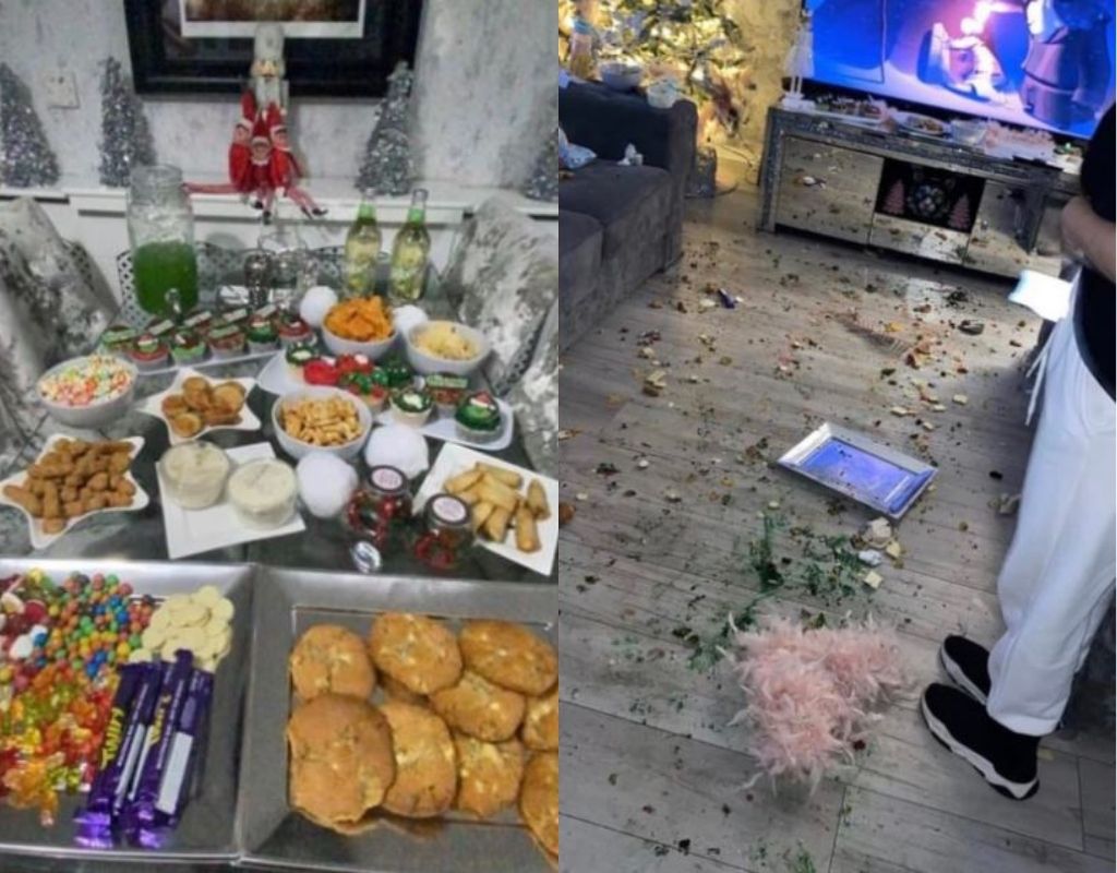 A before-and-after photo shows the delicious spread laid out for the Grinch, which he proceeded to throw all over the floor.