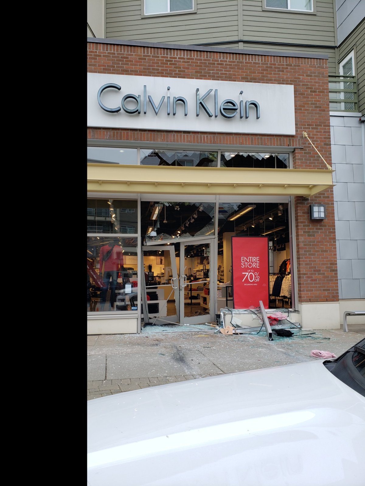 Surrey RCMP are investigating after a vehicle was used to break into a Calvin Klein shop in Surrey, B.C. on Dec. 21, 2021.