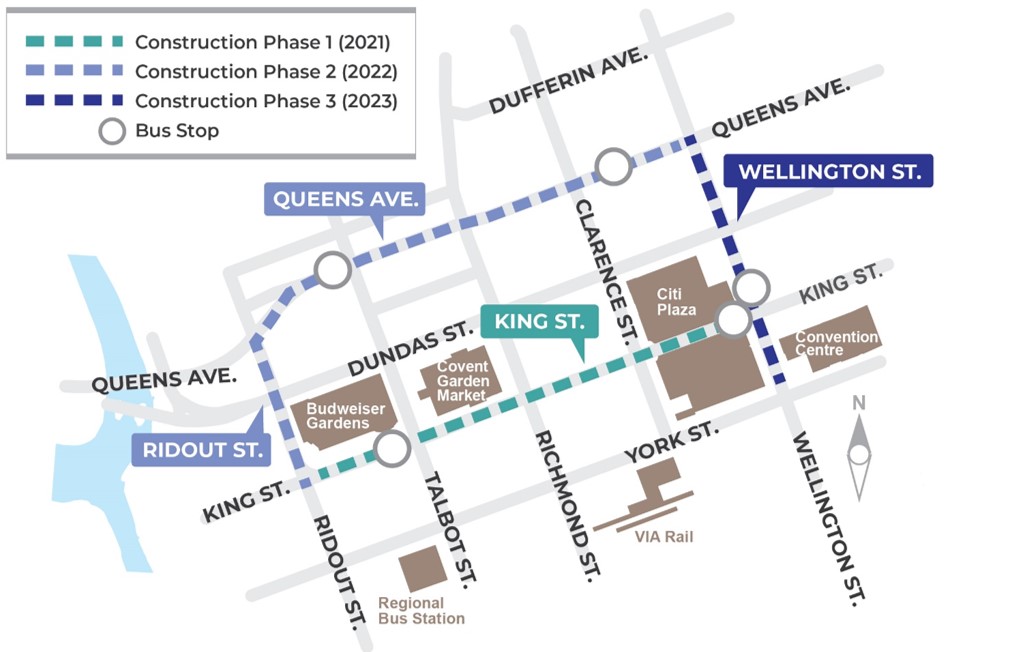 Construction phases of the Downtown Loop portion of London’s BRT network.