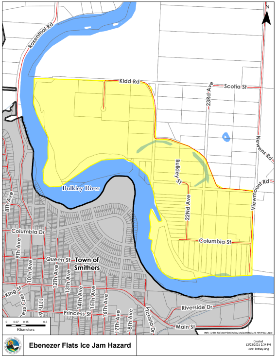 An evacuation alert for the northern B.C. area of Ebenezer Flats, pictured in yellow, was issued on Dec. 22, 2021 as an ice flow in the Bulkley River threatens to cause localized flooding.