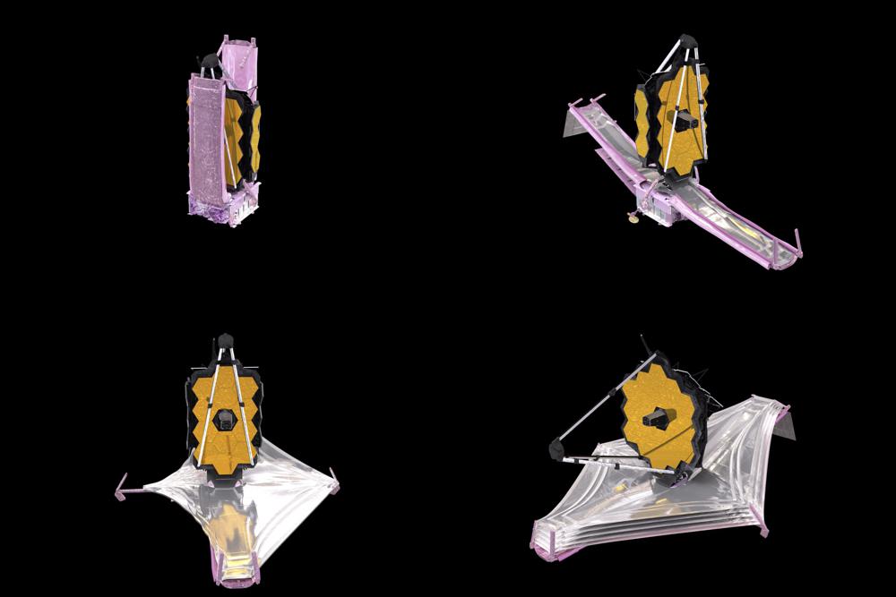 Questa combinazione di immagini delle animazioni fornite dalla NASA nel dicembre 2021 mostra il rilevamento dei componenti del James Webb Space Telescope.  Il Webb è così grande che ha dovuto essere piegato in stile origami per adattarsi all'ogiva di un razzo Ariane.