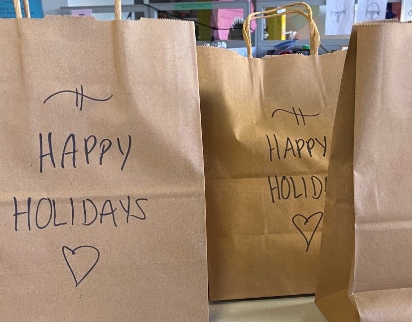 Gift bags arranged by volunteers in Calgary.