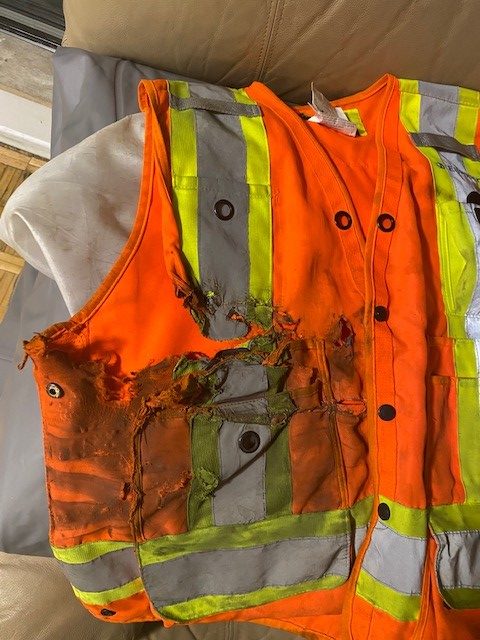 Dallard’s torn vest after he was hit by a subway in Toronto.