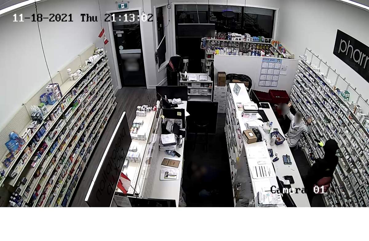 Police are looking for three outstanding suspects believed to be involved in a violent pharmacy robbery that took place at the Pharmasave at 79 Martindale Blvd. N.E. on Nov. 18, 2021.