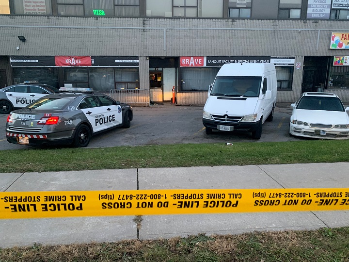 Police on scene after a shooting at a plaza near McCowan Road and Nugget Avenue in Scarborough.