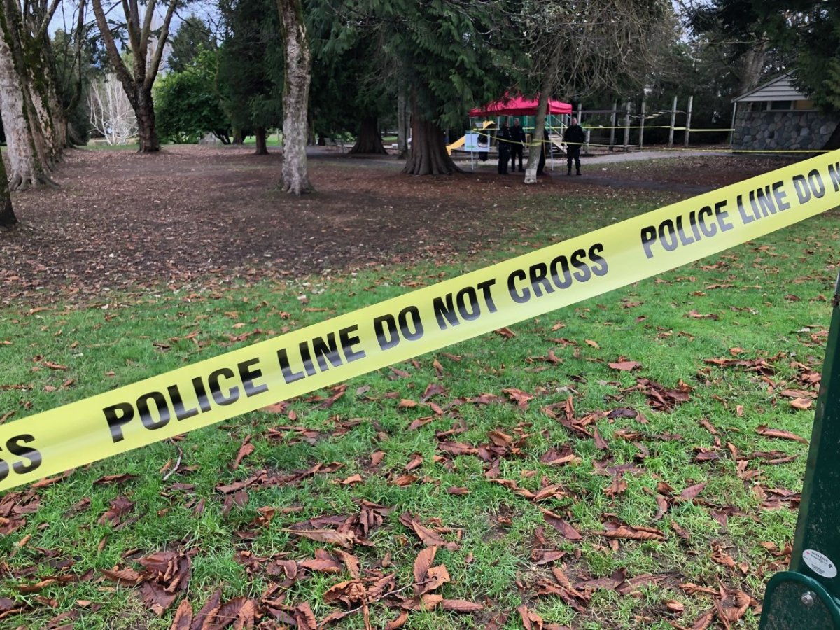 Vancouver police on scene in Kitsilano's Tatlow Park where a body was located Saturday morning.
