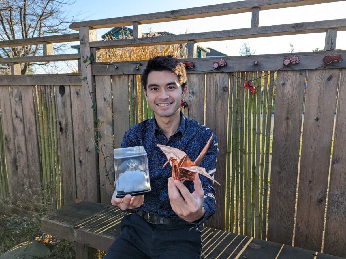 “The project goal is to send sets of 1,000 origami cranes to communities facing the effects of racism, and this was inspired by the ongoing exploration of residential school sites for unmarked child burials. I received a budget large enough to complete fourteen sets of 1,000 paper cranes, one silver crane and one copper crane each. Each set will be gifted to a community or organization.” — Peter Wallace