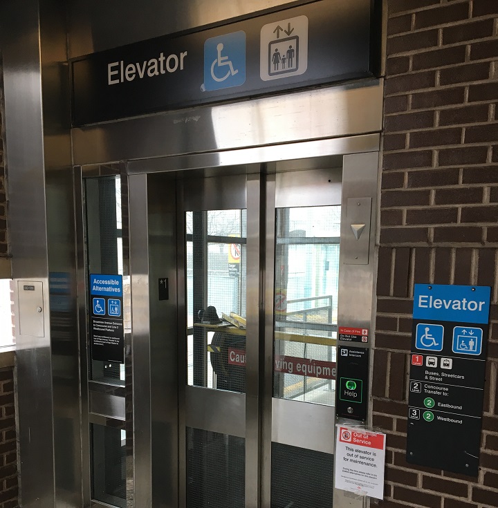 A photo of a TTC elevator that was damaged at Broadview Station.