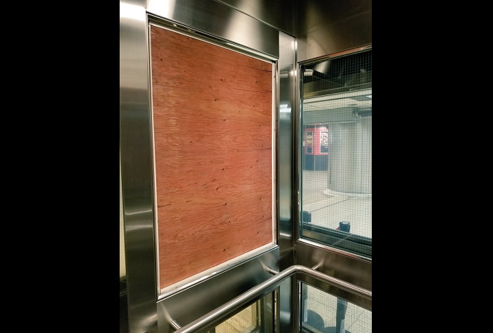 Plywood is being used as a temporary fix.