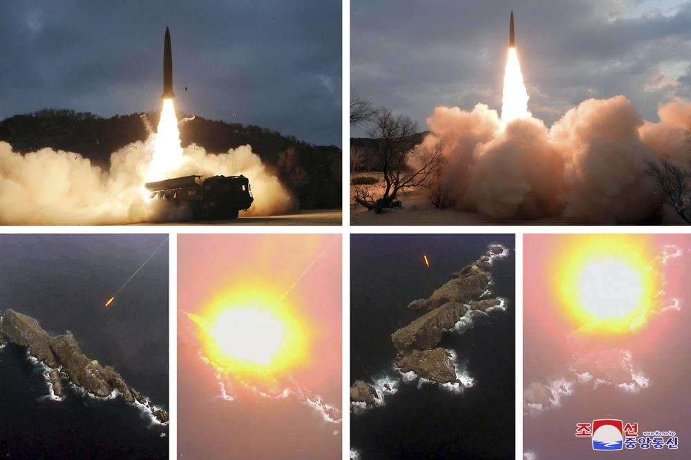 This combination photo of images provided by the North Korean government shows missile tests launched from an undisclosed coastal area in North Korea, Thursday, Jan. 27, 2022. Independent journalists were not given access to cover the event depicted in this image distributed by the North Korean government. The content of this image is as provided and cannot be independently verified. Korean language watermark on image as provided by source reads: “KCNA” which is the abbreviation for Korean Central News Agency.