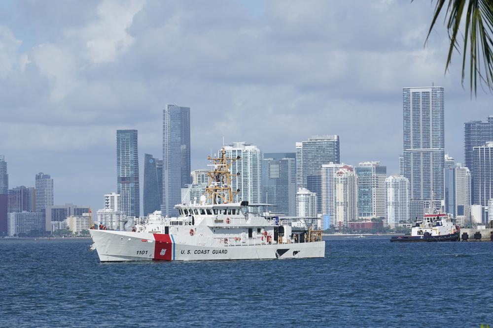 The U.S. Coast Guard ship Bernard C. Webber, leaves the coast guard base, Monday, July 19, 2021, in Miami Beach, Fla. The U.S. Coast Guard is searching for 39 people after a good Samaritan rescued a man clinging to a boat off the coast of Florida. 