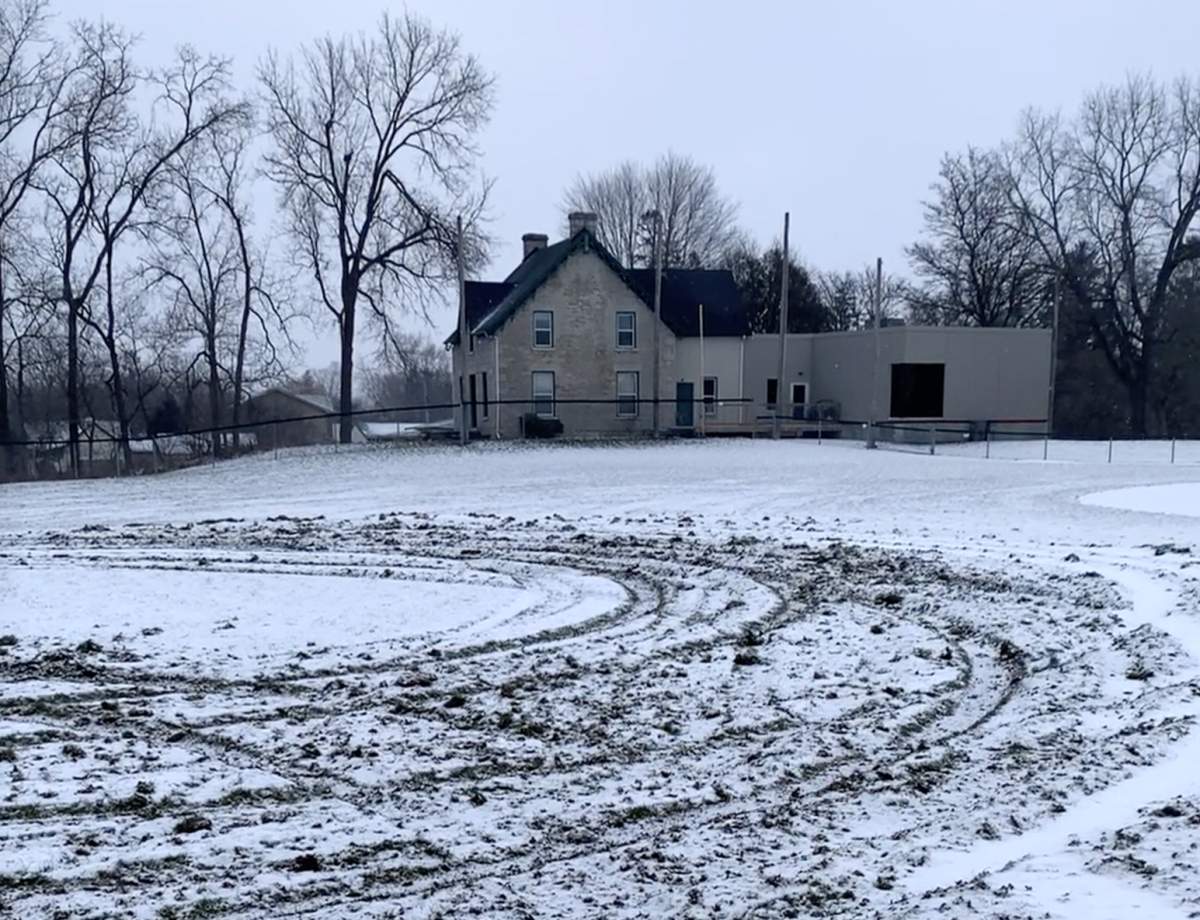 Damage to the field of the Canadian Baseball Hall of Fame in St. Marys, Ont.