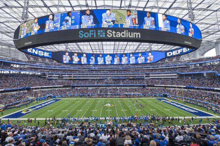 FILE - This is a general overall interior view of SoFi Stadium as the Los Angeles Rams takes on the Tampa Bay Buccaneers in an NFL football game Sunday, Sept. 26, 2021, in Inglewood, Calif.