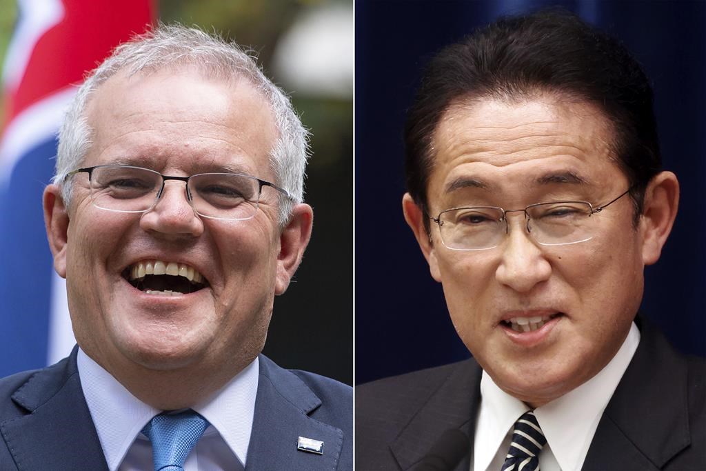 FILE - This combination of photos shows Australian Prime Minister Scott Morrison in London on June 15, 2021 and Japanese Prime Minister Fumio Kishida in Tokyo on Dec. 21, 2021. Australia and Japan will sign a treaty on Thursday, Jan. 6, 2022 to increase defense and security co-operation in a move that has been hailed as "historic" but which might anger China. Morrison and Kishida will meet in a virtual summit to sign the agreement, which Morrison said "will underpin greater and more complex practical engagement between the Australian Defense Force and the Japanese Self-Defense Forces." (Pool Photo via AP, File).