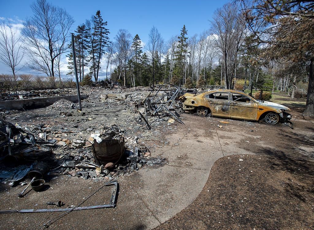 A fire-destroyed property registered to Gabriel Wortman at 200 Portapique Beach Rd. is seen in Portapique, N.S., on Friday, May 8, 2020. The commission of inquiry probing the mass killing in Nova Scotia that claimed 22 lives in 2020 is again delaying public hearings, saying they are now expected to begin late next month. THE CANADIAN PRESS/Andrew Vaughan