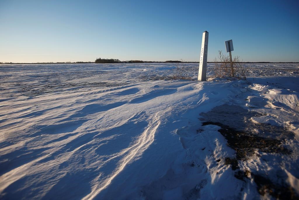 A border marker is shown just outside of Emerson, Man. on Thursday, Jan. 20, 2022. THE CANADIAN PRESS/John Woods