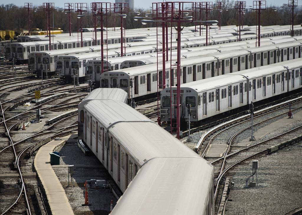 Subway trains line up in a TTC yard in Toronto on Thursday, April 23, 2020.