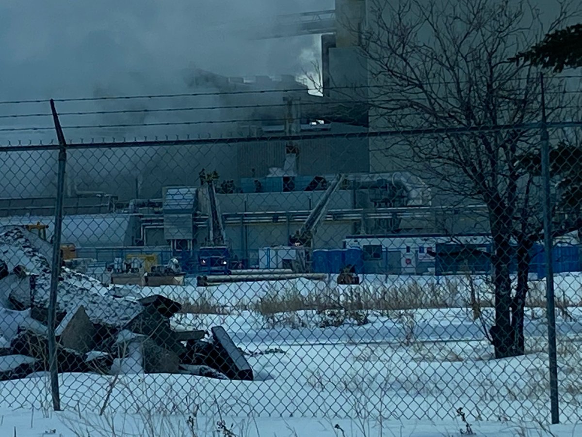 A three-alarm fire in Calgary's Alyth/Bonnybrook industrial area is picture on Jan. 5, 2022.