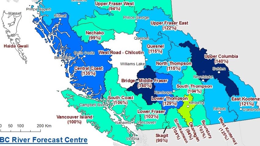 Snowpack levels across the province are, on average,115 per cent of normal. The Okanagan, though, is below average at 84 per cent.