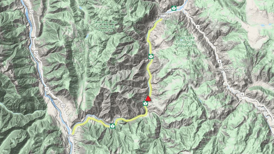 A map showing the Trans-Canada Highway in B.C.’s Interior between Lytton and Spences Bridge. That section is currently closed, though the province expects it to reopen on Friday.