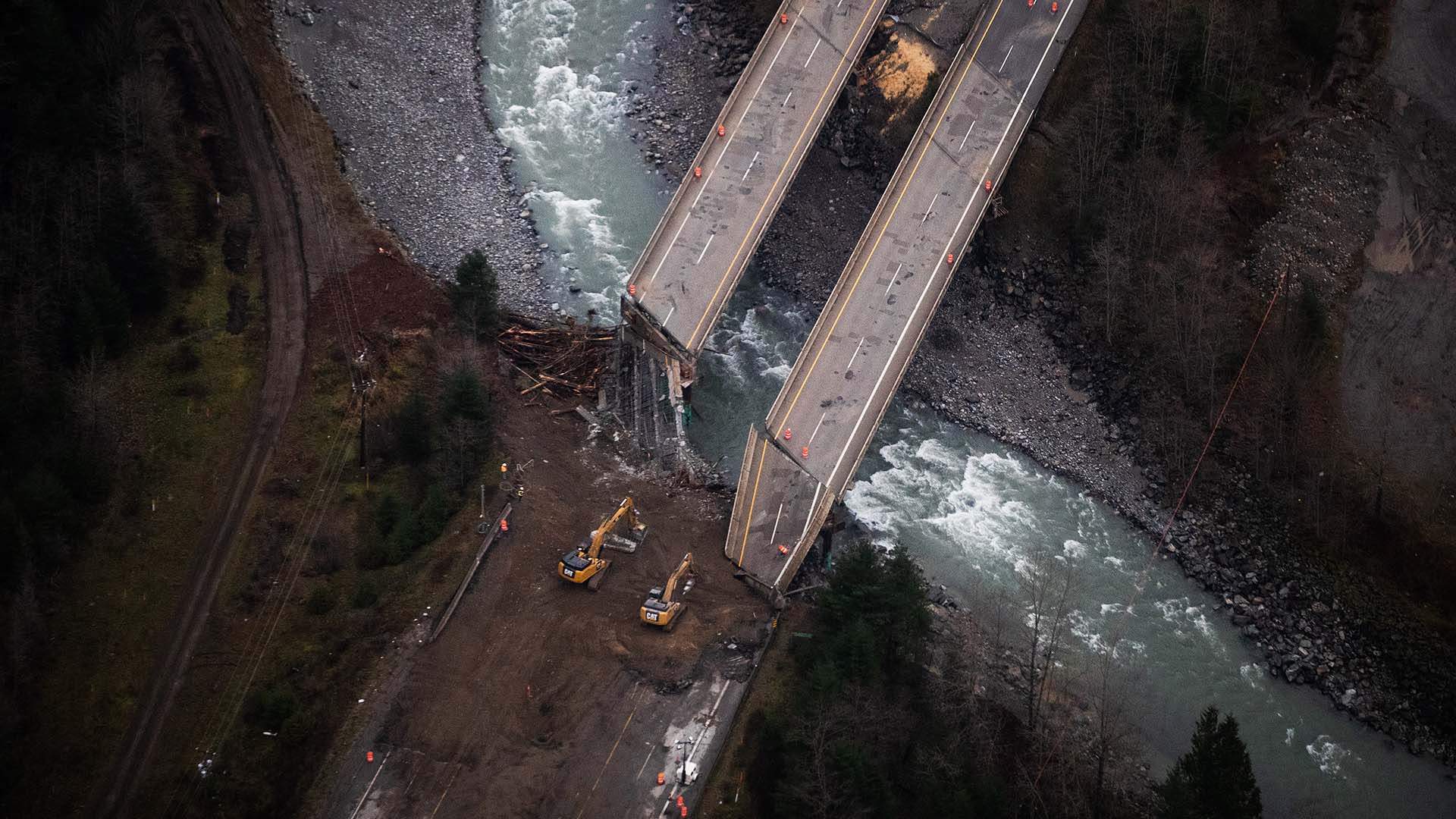 Collapsed sections of bridges destroyed by severe flooding and landslides on the Coquihalla Highway north of Hope, B.C., are seen in an aerial view from a Canadian Forces reconnaissance flight on Monday, Nov. 22, 2021.