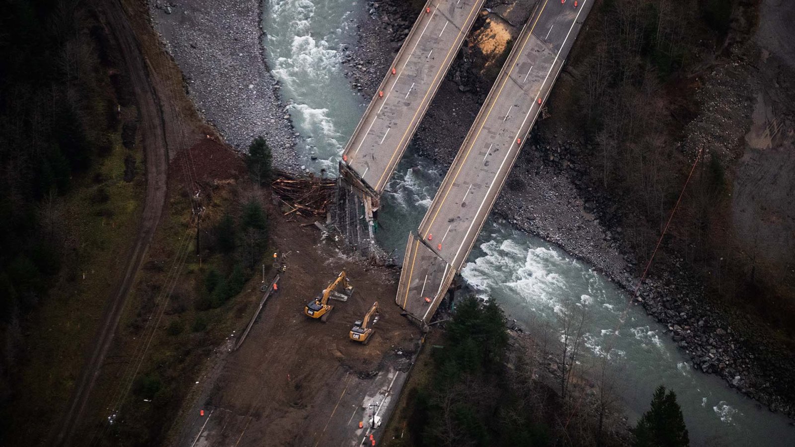Collapsed sections of bridges destroyed by severe flooding and landslides on the Coquihalla Highway north of Hope, B.C., are seen in an aerial view from a Canadian Forces reconnaissance flight on Monday, Nov. 22, 2021.