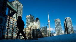 Condo towers dot the Toronto skyline as a pedestrian makes his way through the COVID-19 restricted winter landscape on Thursday January 28, 2021. CMHC says that rental vacancies are up in Canada's largest cities with rents rising too. THE CANADIAN PRESS/Frank Gunn