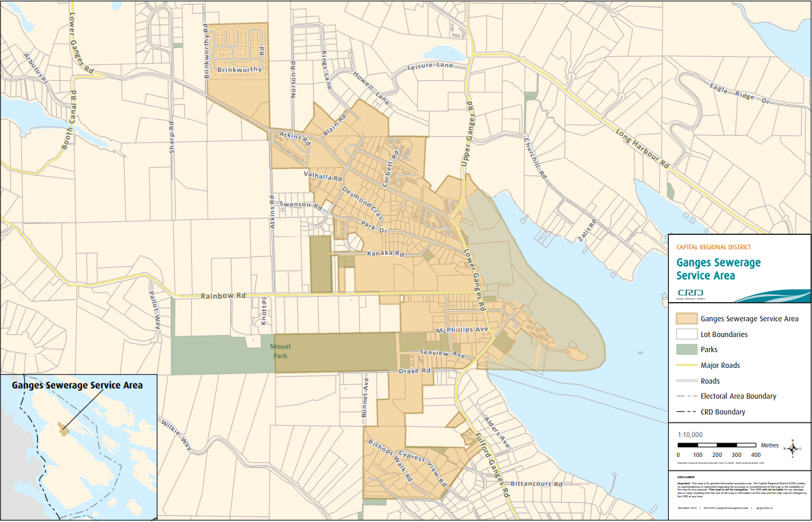 A Capital Regional District graphic shows a map of the Ganges Sewerage Service area. The CRD reported a wastewater spill in the region on Jan. 2, 2021.